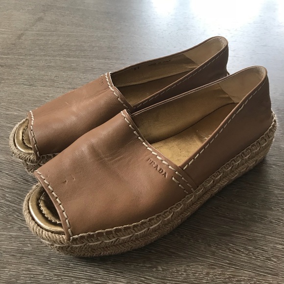 Prada Shoes - Prada Tan leather Open toe Espadrilles size 37